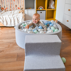 KiddyMoon Aire De Jeux en Mousse avec Rond Piscine à Balles pour Enfants, gris clair: perle/gris/transparent/babyblue/menthe, Piscine (100 Balles) + Marches