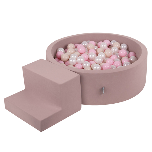 KiddyMoon Aire De Jeux en Mousse avec Rond Piscine à Balles pour Enfants, bruyère: beige pastel/rose poudré/perle, Piscine (200 Balles)+ Marches