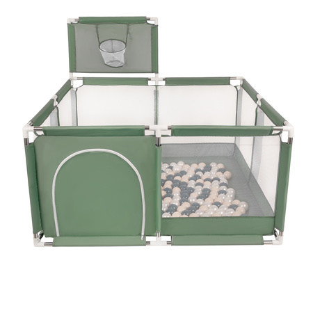 parc bébé avec balles plastiques aire de jeu pliable basket, vert : turquoise foncé/beige pastel/perle, 400 balles