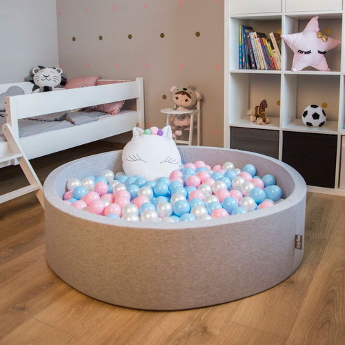 KiddyMoon Piscine à Balles ∅ 7Cm pour Bébé Quart Angulaire Fabriqué En UE, gris clair: babyblue/rose poudré/perle, 90x30cm/200 Balles