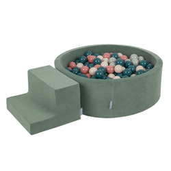KiddyMoon Aire Velvet De Jeux en Mousse avec Rond Piscine à Balles pour Enfants, vert forêt: turquoise foncé/beige pastel/gris de vert/saumon, Piscine (100 Balles) + Marches