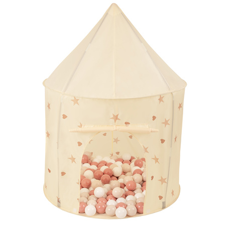 Tente de Jeu Pour Enfants Château Maison de Jeu En Forme De Pavillon De Jeu Avec Balles Pliable Tente Pop-Up Enfant Motifs D'Étoiles Et De Cœurs, beige clair: beige pastel/saumon/blanc, 100 balles