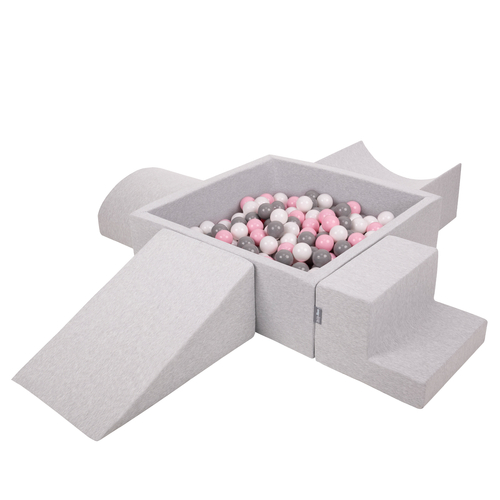 KiddyMoon Aire De Jeux en Mousse avec Carré Piscine À Balles pour Enfants, gris clair: blanc/gris/rose poudré, Piscine (300 Balles) + Version 5