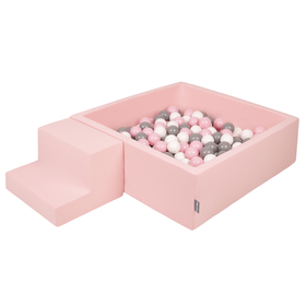 KiddyMoon Aire De Jeux en Mousse avec Carré Piscine À Balles pour Enfants, rose:blanc/gris/rose poudré, Piscine (100 Balles) + Marches