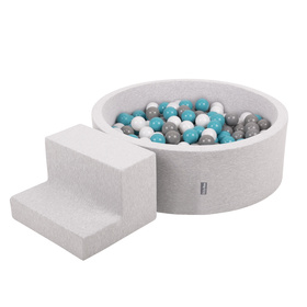 KiddyMoon Aire De Jeux en Mousse avec Rond Piscine à Balles pour Enfants, gris clair: gris/blanc/turquoise, Piscine (100 Balles) + Marches