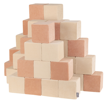 KiddyMoon blocs mous pour bébé cubes de construction en mousse housse velours, cubes: beige sableux/rose des sables, 12 Pieces