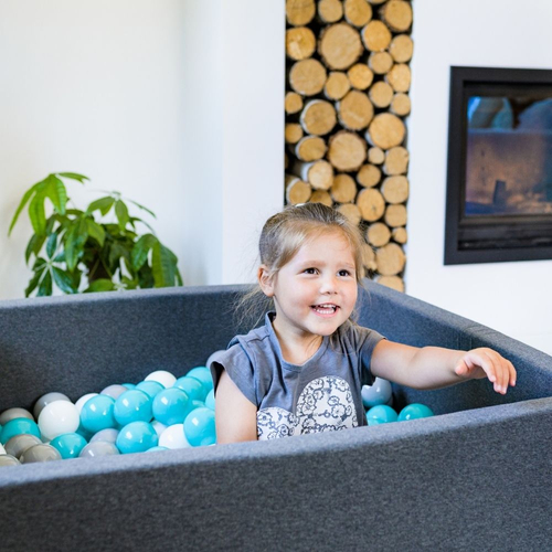 KiddyMoon Piscine à Balles ∅ 7Cm pour Bébé Rond Fabriqué En UE, gris foncé: gris/blanc/turquoise, 90x30cm/300 Balles