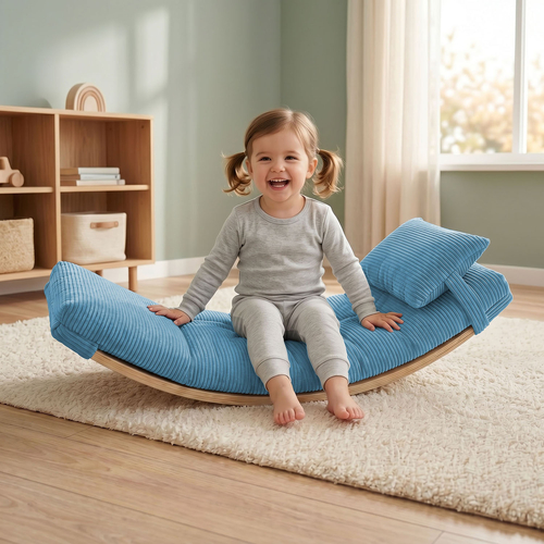KiddyMoon Planche D'équilibre en Bois Enfant Avec Matelas et Oreiller Balance Board, naturel/bleu, Planche D'équilibre/Matelas/Oreiller