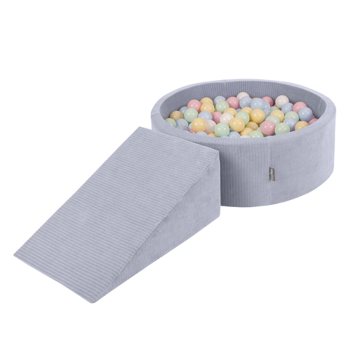 KiddyMoon Parcours Motricité En Mousse Avec Balles Enfants Favorise Créativité, Gris foncé : bleu pastel/jaune pastel/blanc/menthe/rose poudré, Piscine (100 Balles)+ Pente