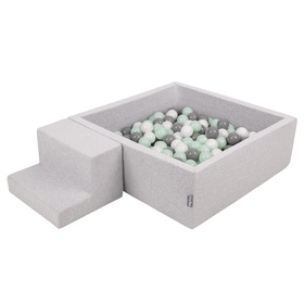 KiddyMoon Aire De Jeux en Mousse avec Carré Piscine À Balles pour Enfants, gris clair: blanc/gris/menthe, Piscine (100 Balles) + Marches