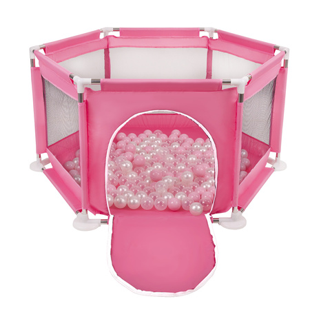 parc bébé hexagonal pliable avec balles plastiques, Rose:rose poudré/perle/transparent, 200 balles