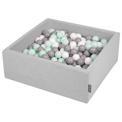 KiddyMoon Piscine à Balles ∅ 7Cm pour Bébé Carré Fabriqué En UE, gris clair:blanc/gris/menthe, 90x30cm/300 balles