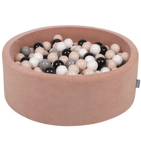 KiddyMoon Velours Piscine à Balles ∅7Cm pour Bébé Rond Fabriqué en EU, rose des sables: beige pastel/gris/blanc/noir, 90x30cm/200 balles