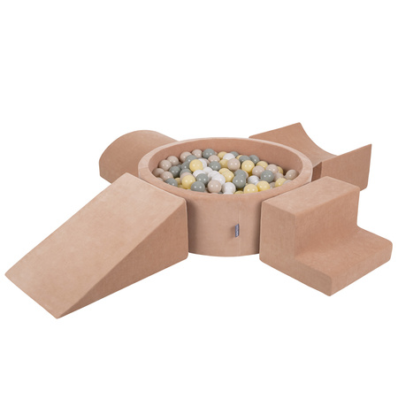 KiddyMoon Aire Velvet De Jeux en Mousse avec Rond Piscine à Balles pour Enfants, rose des sables: beige pastel/gris de vert/jaune pastel/blanc, Piscine (200 Balles) + Version 5