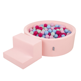 KiddyMoon Aire De Jeux en Mousse avec Rond Piscine à Balles pour Enfants, rose: rose poudré/rose foncé/babyblue/menthe, Piscine (200 Balles)+ Marches