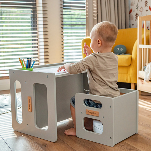 KiddyMoon Table et Chaise pour Enfants Petit Bureau, Gris, Table: 61x44x44 cm/Chaise: 30x30x30 cm
