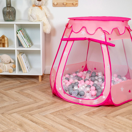 Tente Château Pour Enfants Tente de Jeu Avec Balles Colorées Jouet Cabane Pop-up Château Facile À Monter Maison de Jeu Pour Intérieur et Extérieur, rose: perle-gris-transparent-rose poudré, 105x90cm/100 balles