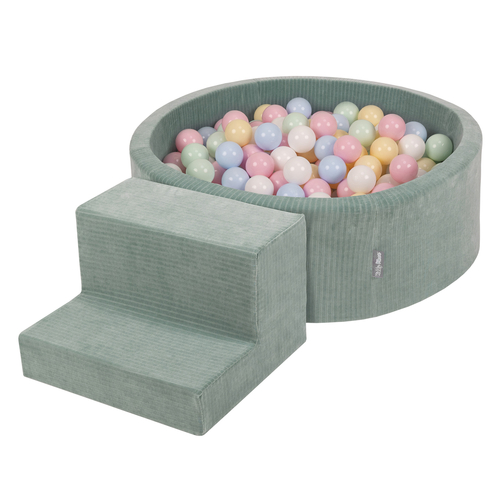KiddyMoon Parcours Motricité En Mousse Avec Balles Enfants Favorise Créativité, Vert : bleu pastel/jaune pastel/blanc/menthe/rose poudré, Piscine (200 Balles)+ Marches
