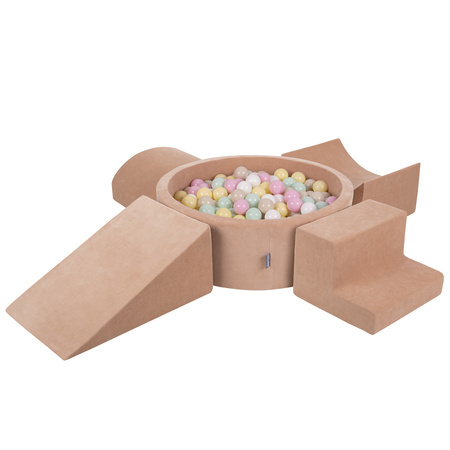 KiddyMoon Aire Velvet De Jeux en Mousse avec Rond Piscine à Balles pour Enfants, rose des sables: beige pastel/jaune pastel/blanc/menthe/rose poudre, Piscine (200 Balles) + Version 5