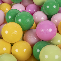 KiddyMoon Balles Colorées Plastique ∅7cm pour Piscine Enfant Bébé Fabriqué en EU, vert clair/vert/jaune/rose poudré/rose, 100 Balles/7cm