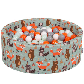 KiddyMoon Piscine à Balles ∅ 7Cm pour Bébé Rond Fabriqué En UE, renard-vert:orange/menthe/gris/blanc, 90x30cm/200 balles