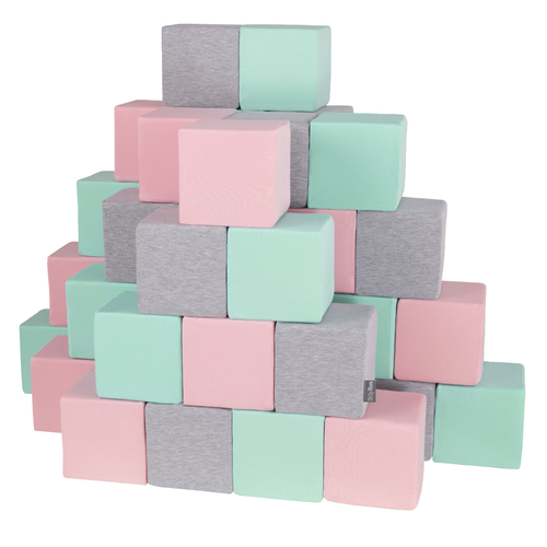 KiddyMoon Blocs Souples Jouets pour Bébé Mousse Squeeze Jouer Jouet Éducatif, cubes: gris clair/rose/menthe, 48 Pieces