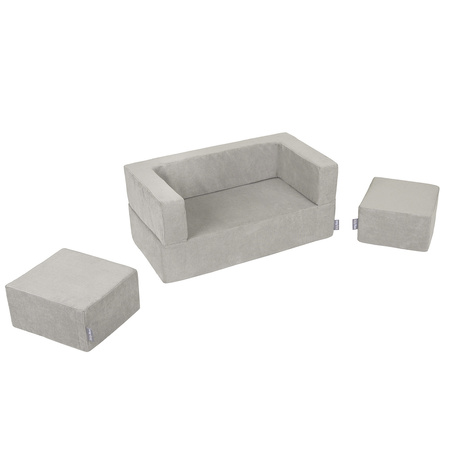 KiddyMoon Canapé en Mousse pour Enfants avec Deux Poufs Pour chambre d'enfant Léger Confortable Polyvalent Housse Amovible Design Moderne Parfait pour Jouer, gris clair, Canapé/Pouf