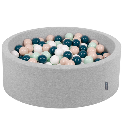 KiddyMoon Piscine à Balles ∅ 7Cm pour Bébé Rond Fabriqué En UE, gris clair:turquoise foncé/beige pastel/blanc/menthe, 90x30cm/300 balles