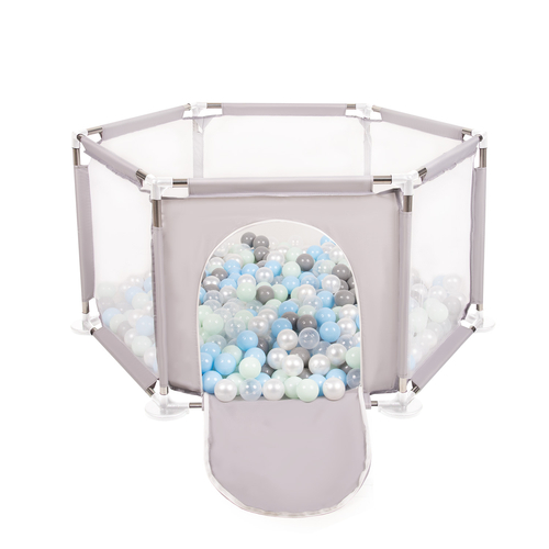 parc bébé hexagonal pliable avec balles plastiques, Gris:perle/gris/transparent/babyblue/mentha, 400 balles