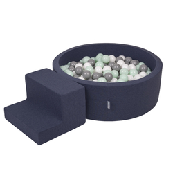 KiddyMoon Aire De Jeux en Mousse avec Rond Piscine à Balles pour Enfants, bleu foncé:blanc/gris/menthe, Piscine (100 Balles) + Marches