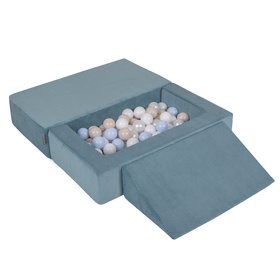 KiddyMoon Canapé en Mousse pour Enfants avec Balles et Pente Parfait Pour la Chambre D'enfant Léger Modulable Confortable Sécurisé Idéal pour Jouer et Se Détendre, bleu: beige pastel/bleu pastel/blanc/perle, Canapé/Pente + 100 Balles