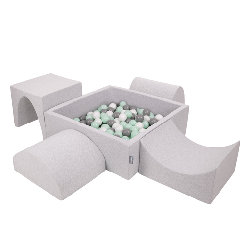 KiddyMoon Aire De Jeux en Mousse avec Carré Piscine À Balles pour Enfants, gris clair: blanc/gris/menthe, Piscine (200 Balles) + Version 1