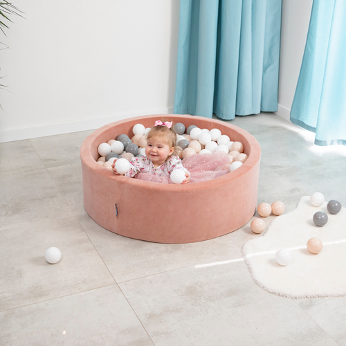 KiddyMoon Velours Piscine à Balles ∅7Cm pour Bébé Rond Fabriqué en EU, beige sableux: beige pastel/blanc/perle, 90x30cm/300 balles