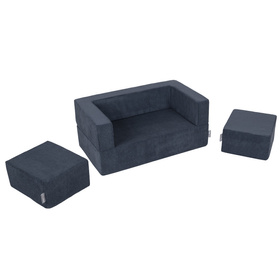 KiddyMoon Canapé en Mousse pour Enfants avec Deux Poufs Pour chambre d'enfant Léger Confortable Polyvalent Housse Amovible Design Moderne Parfait pour Jouer, bleu foncé, Canapé/Pouf