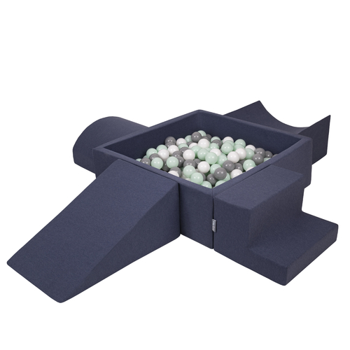 KiddyMoon Aire De Jeux en Mousse avec Carré Piscine À Balles pour Enfants, bleu foncé:blanc/gris/menthe, Piscine (300 Balles) + Version 5
