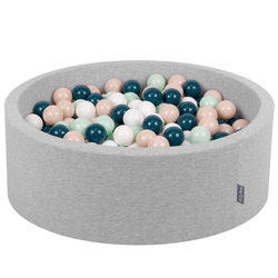 KiddyMoon Piscine à Balles ∅ 7Cm pour Bébé Rond Fabriqué En UE, gris clair:turquoise foncé/beige pastel/blanc/menthe, 90x30cm/200 Balles