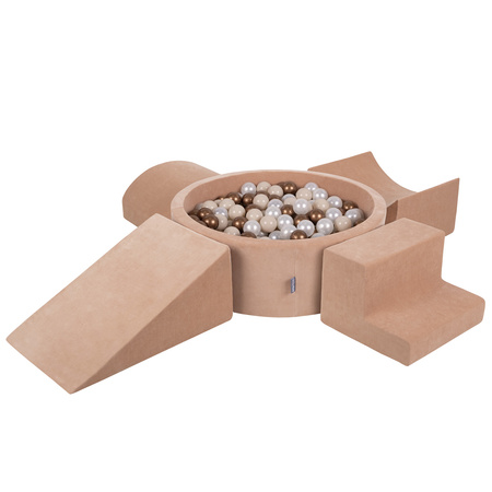 KiddyMoon Aire Velvet De Jeux en Mousse avec Rond Piscine à Balles pour Enfants, rose des sables: beige pastel/cuivre/perle, Piscine (200 Balles) + Version 5