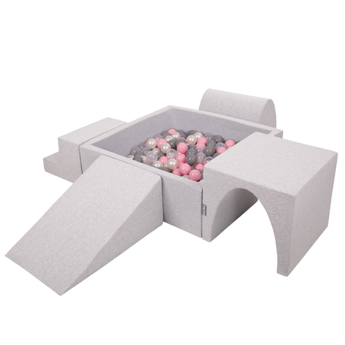 KiddyMoon Aire De Jeux en Mousse avec Carré Piscine À Balles pour Enfants, gris clair: perle/gris/transparent/rose poudré, Piscine (200 Balles) + Version 3