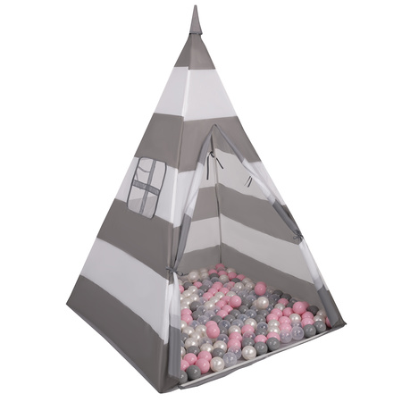 Tipi Tente de Jeu avec Balles Maison de Jeu pour Enfants, grises et blanches rayures:perle/gris/transp/rose, 100 Balles