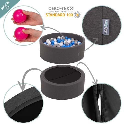 KiddyMoon Piscine à Balles ∅ 7Cm pour Bébé Rond Fabriqué En UE, gris foncé:blanc/gris/babyblue/rose poudre, 90x30cm/200 balles