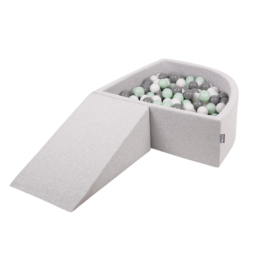 KiddyMoon Aire De Jeux en Mousse avec Quart Angulaire Piscine À Balles pour Bébé, gris clair: blanc/gris/menthe, Piscine (100 Balles)+ Pente