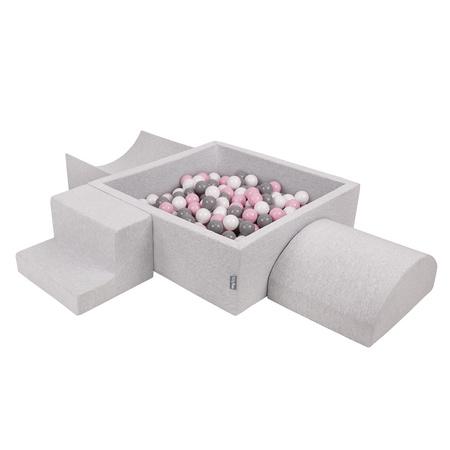 KiddyMoon Aire De Jeux en Mousse avec Carré Piscine À Balles pour Enfants, gris clair: blanc/gris/rose poudré, Piscine (200 Balles) + Version 6