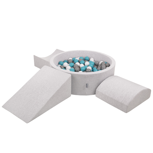 KiddyMoon Aire De Jeux en Mousse avec Rond Piscine à Balles pour Enfants, gris clair: gris/blanc/turquoise, Piscine (300 Balles) + Version 4