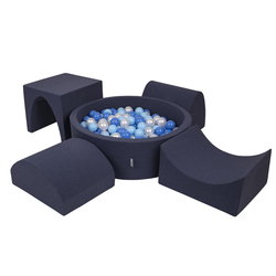 KiddyMoon Aire De Jeux en Mousse avec Rond Piscine à Balles pour Enfants, bleu foncé:babyblue/bleu/perle, Piscine (200 Balles) + Version 1