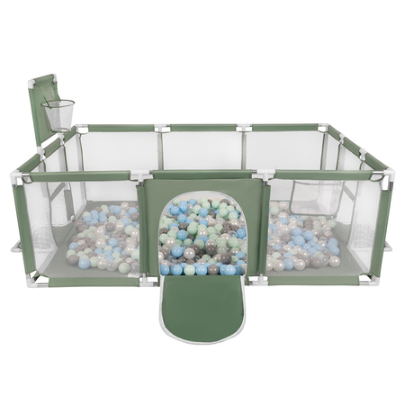 Parc Bébé avec Balles Plastiques Aire De Jeu Pliable Basket Football, vert : perle/gris/transparent/babyblue/menthe, 900 balles