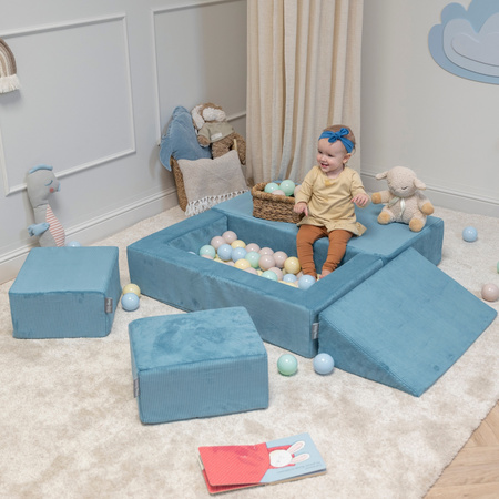 KiddyMoon Canapé en Mousse pour Enfants avec Balles Pour chambre d'enfant Léger Modulable Confortable Housse Amovible Parfait pour Jouer Lire et Se Détendre, bleu: beige pastel/bleu pastel/blanc/perle, Canapé + 100 Balles