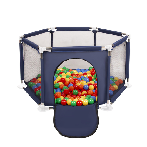 parc bébé hexagonal pliable avec balles plastiques, Bleu:jaune/vert/bleu/rouge/orange, 200 balles