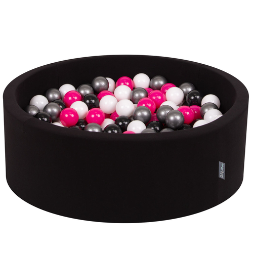 KiddyMoon Piscine à Balles ∅ 7Cm pour Bébé Rond Fabriqué En UE, noir: blanc/noir/argenté/rose foncé, 90x30cm/200 balles