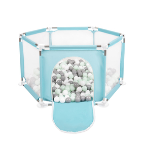 parc bébé hexagonal pliable avec balles plastiques, Mentha:blanc/gris/mentha, 400 balles