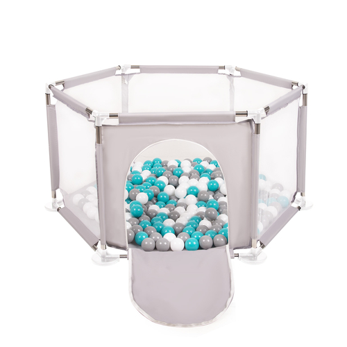 parc bébé hexagonal pliable avec balles plastiques, Gris:gris/blanc/turquoise, 200 balles